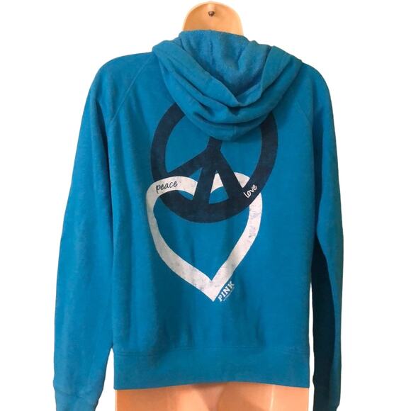 Pink Victoria's Secret Turquoise Blue Hoodie Jacket Size Medium Peace Heart - Picture 2 of 6